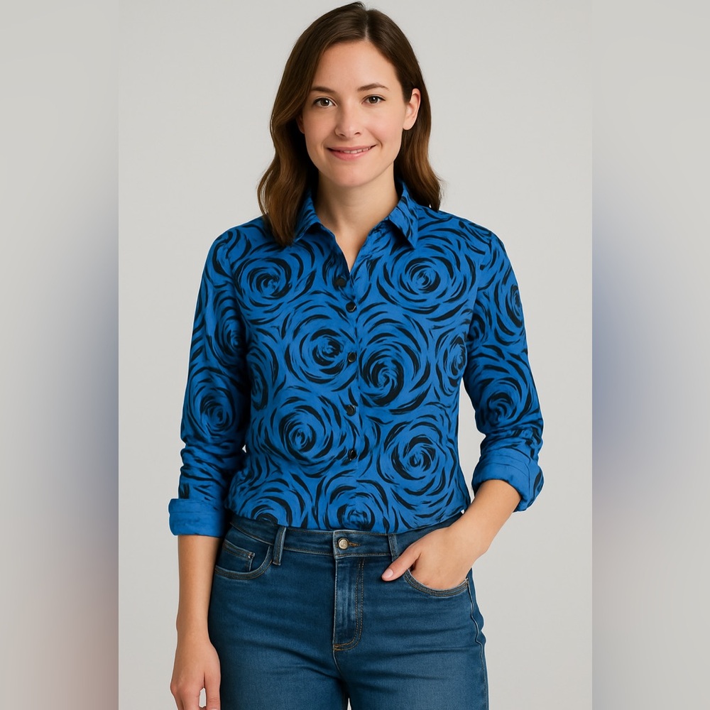 Wrinkle Free Classic Shirt 16 W Cotton Blue Black Floral Print New No Tags - Picture 4 of 9